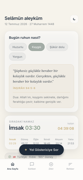 Hira AI ana ekranı: günün ayeti ve namaz vakitleri